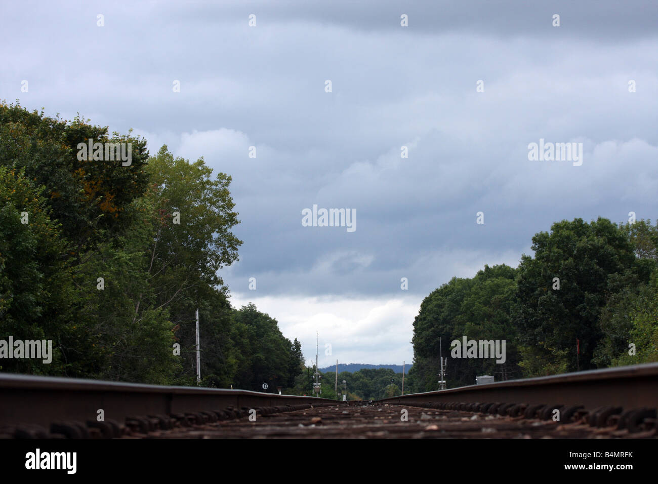 Railroad tracks and traffic signals in western Wisconsin Stock Photo