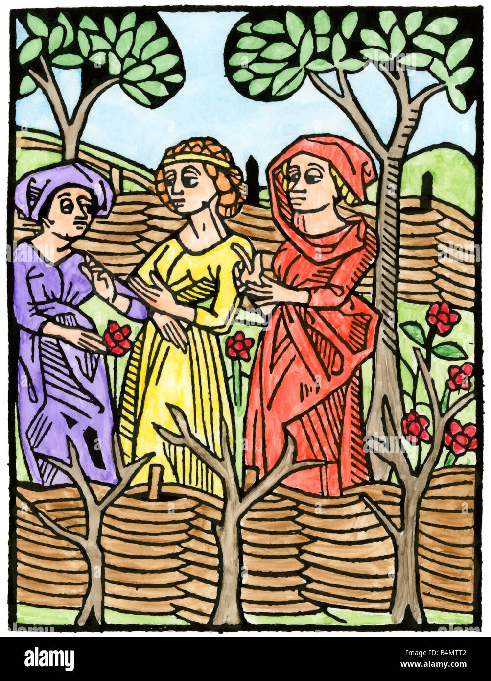 Garden with roses enclosed by a wattle fence from Boccacio's Cento Norelle 1490. Hand-colored woodcut Stock Photo