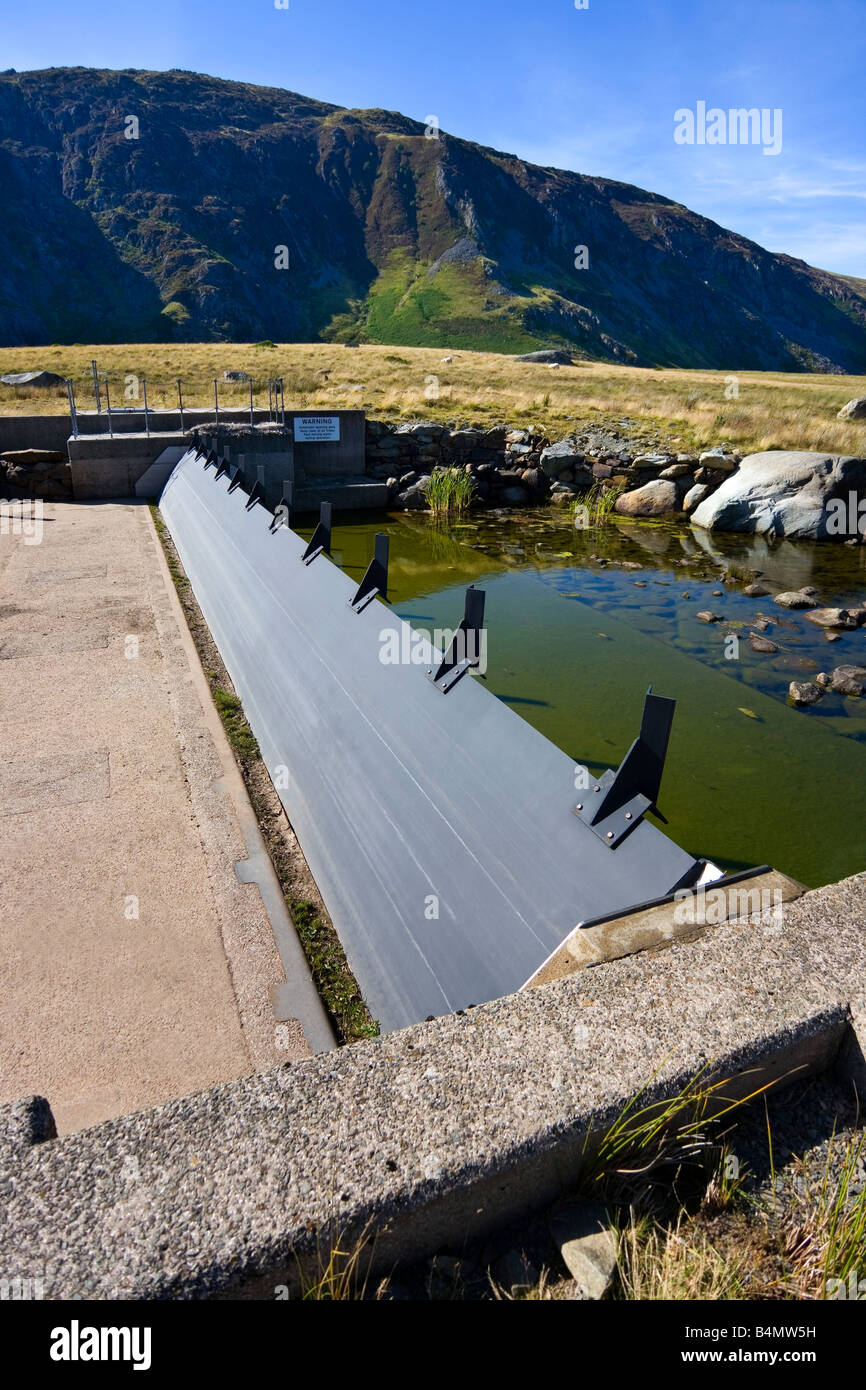 Tilting gate weir and dam across river Afon Eigiau controlling water