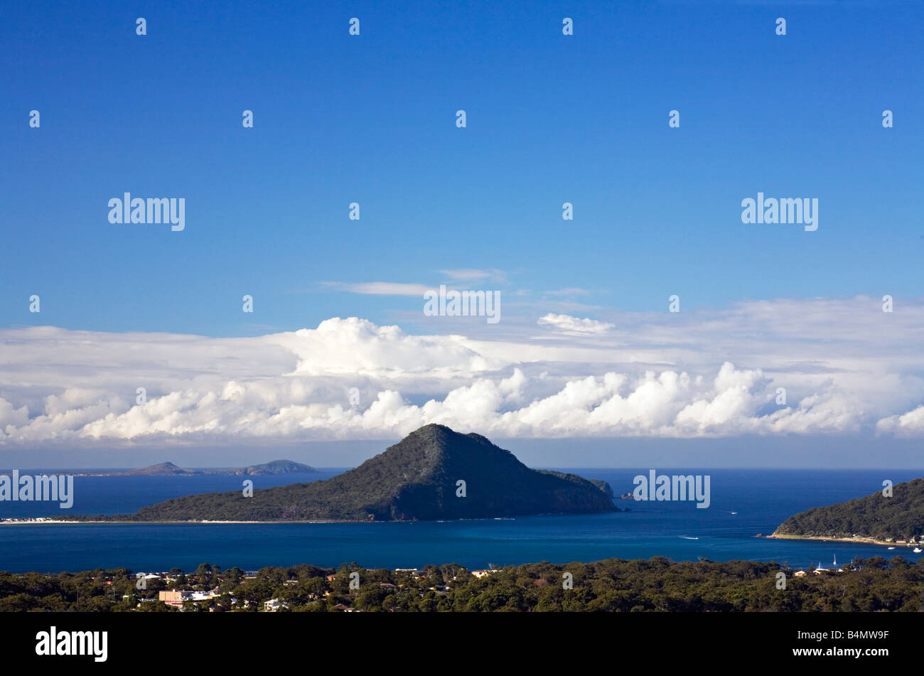 Port Stephens east coast New South Wales Australia. Looking out through Yacaaba Head and Tomaree head towards the ocean with Broughton Insland in the Stock Photo