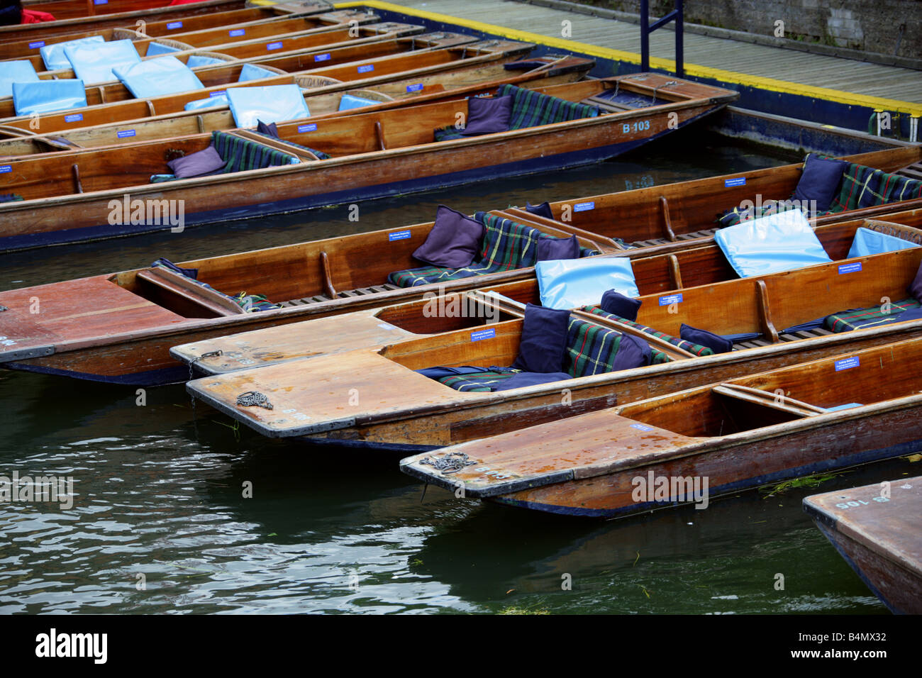 Punts Outside Scudamore's Punting Company, Cambridge, Cambridgeshire, UK Stock Photo