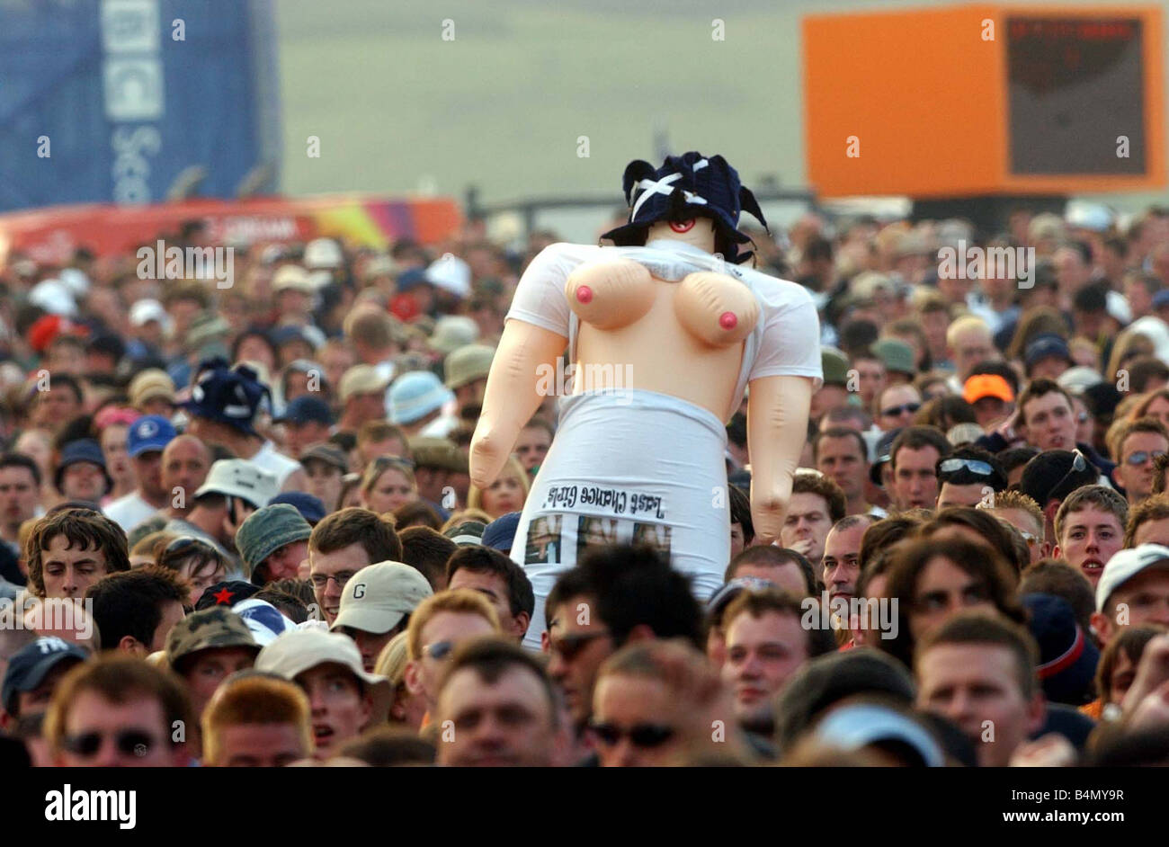 Blow up doll in T In The Park crowd July 2003 Stock Photo