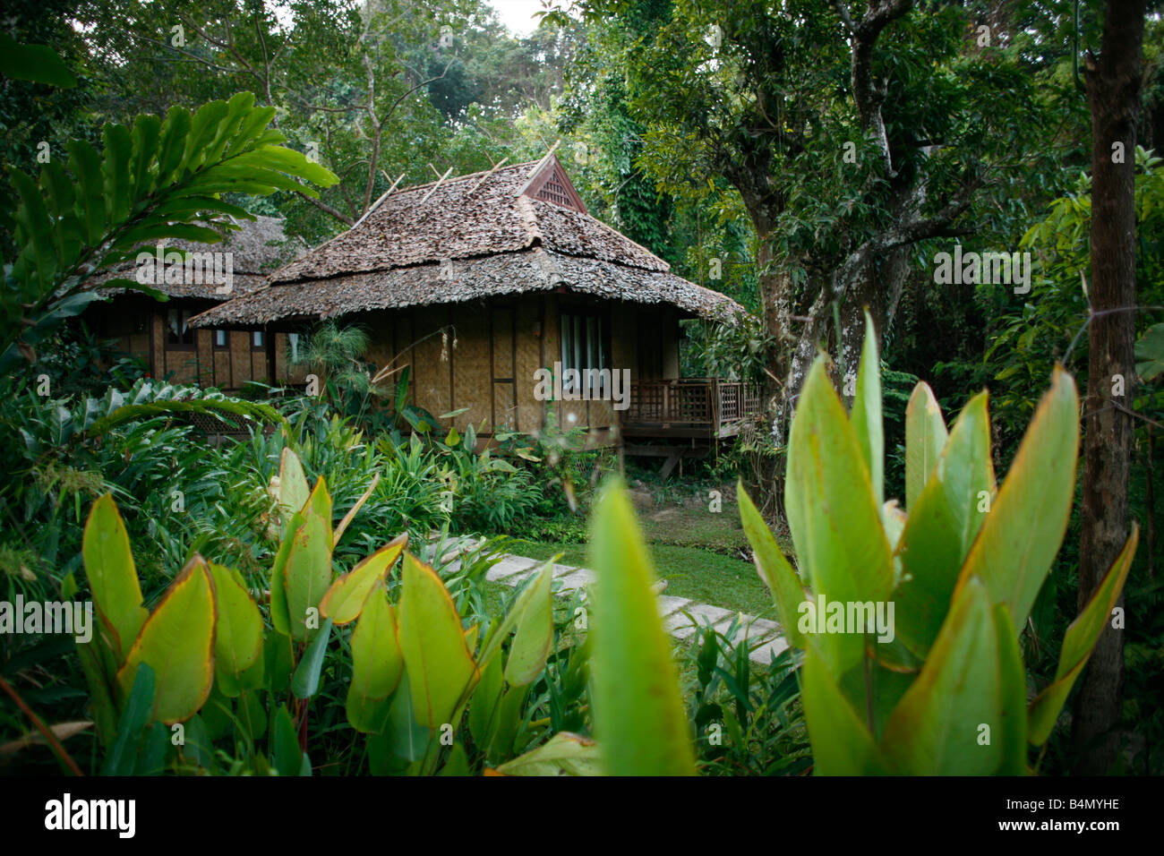 Lodges comprising Fern Resort Hotel near Mae Sot Nearby around 130 000 Burmese refugees have settled in Thailand due to opression in their homeland of Myanmar Burma Approximately 30 000 refugees now live in Mae Sot western Thailand and receive humanitarian aid Another 200 Burmese refugees have settled in La Per Her a village on the Burmese side of the border with Thailand The refuse to cross because they want to remain in their homeland These refugees support the rebel movement KNLA Karen National Liberation Army which operates in eastern Burma Jan 2007 Stock Photo