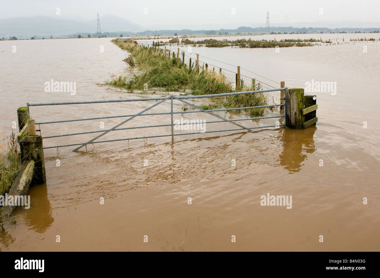 Flooded farmland near Wooler when the River Till broke its banks in September 2008 flooding 16 square miles of farmland Stock Photo