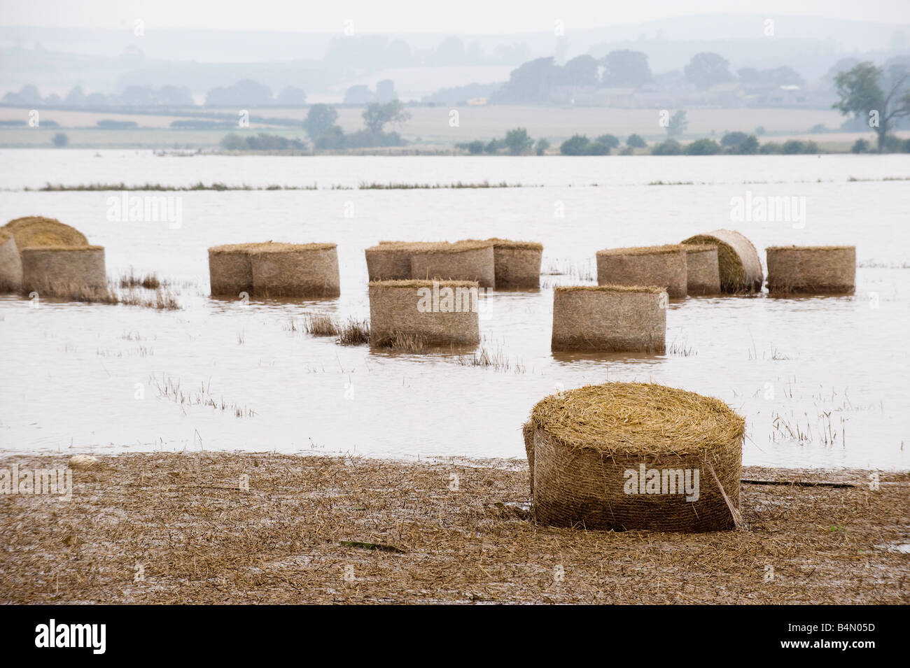 Flooded farmland near Wooler when the River Till broke its banks in September 2008 flooding 16 square miles of farmland Stock Photo