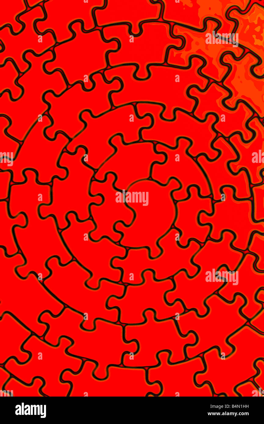 complete jigsaw in red pieces fitting together in form of a spiral