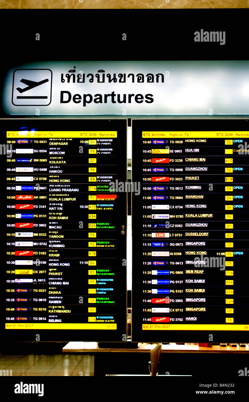 Departure Board inside the New Suvarnabhumi Airport the New Hub of South East Asia Stock Photo