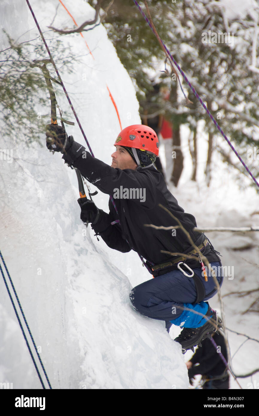 Ice climbing during Michigan Ice Fest at Pictured Rocks National Lakeshore in Munising Michigan