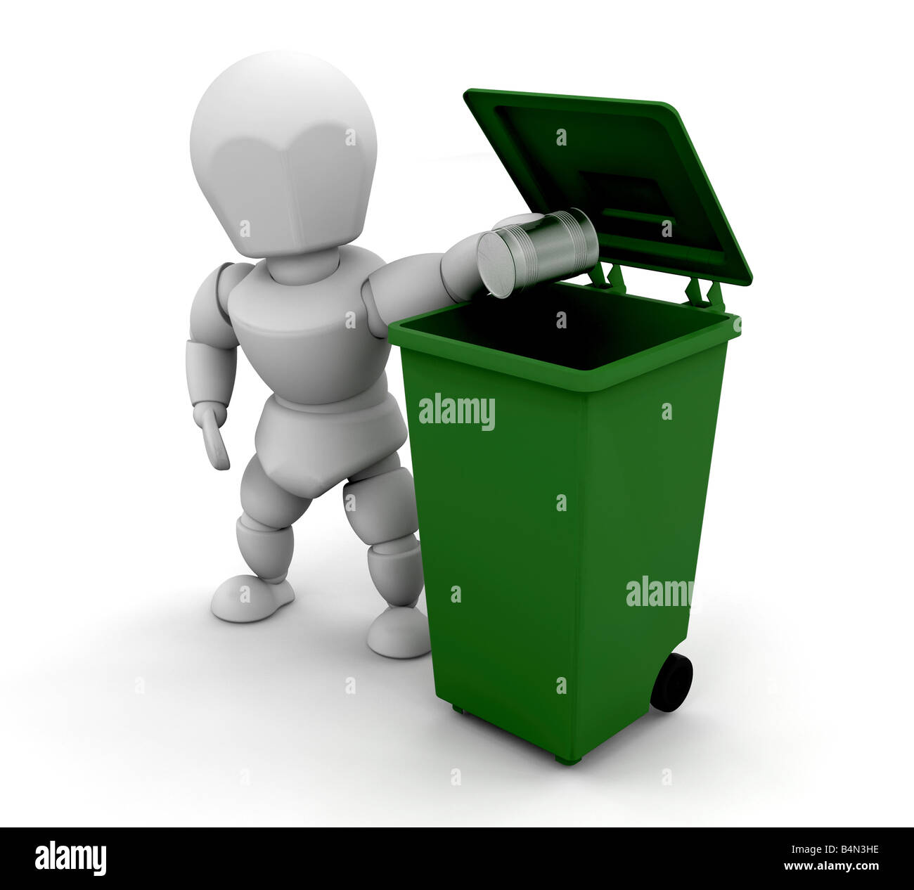 3D render of someone putting a tin can in a green bin Stock Photo