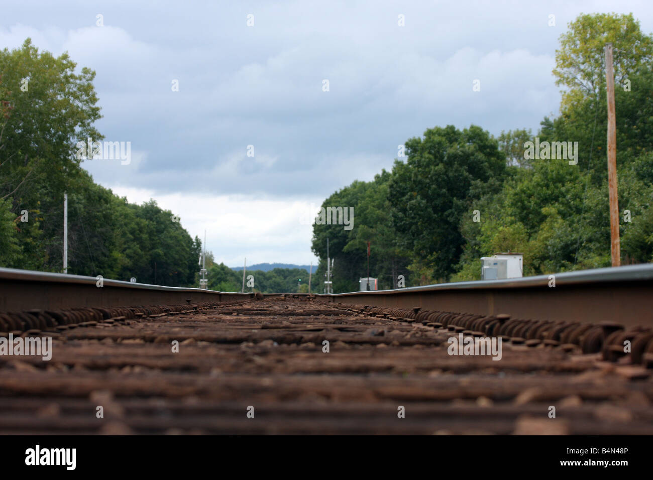 Railroad tracks and traffic signals in western Wisconsin Foreground in