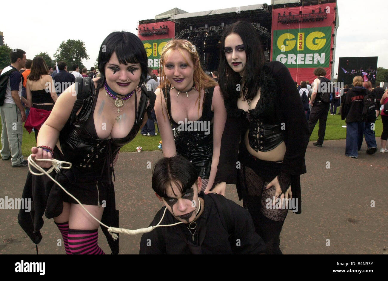 Gig on the Green August 2001 Marilyn Manson fans Jill Cairns Stephanie Kewell Jamz Hoy and Watson Green Stock Photo - Alamy