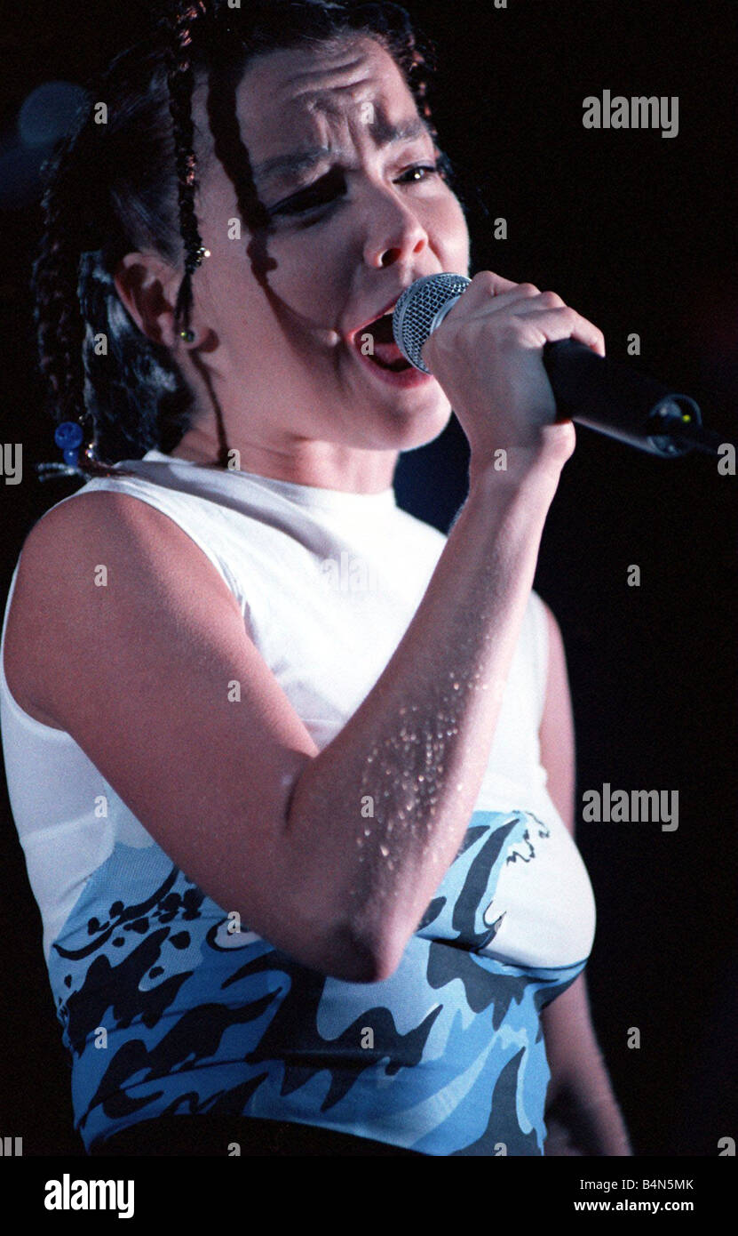 Bjork singer from Iceland on stage at the Irvine Festival with mouth open singing Stock Photo