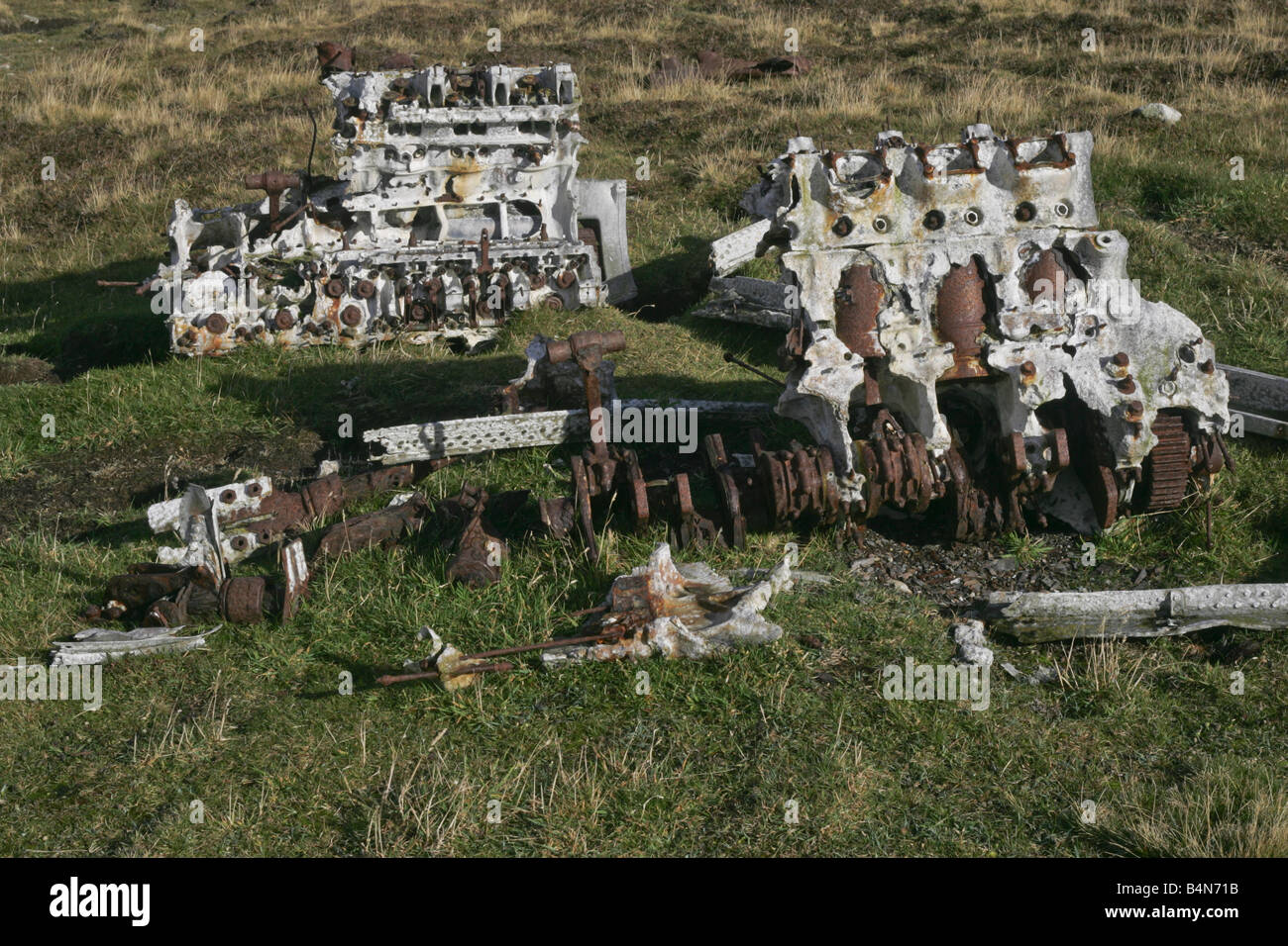 Remains of engines from a Heinkel He 111 German bomber on Fair Isle, Shetland.  The plane crashed on 17 January 1941. Stock Photo
