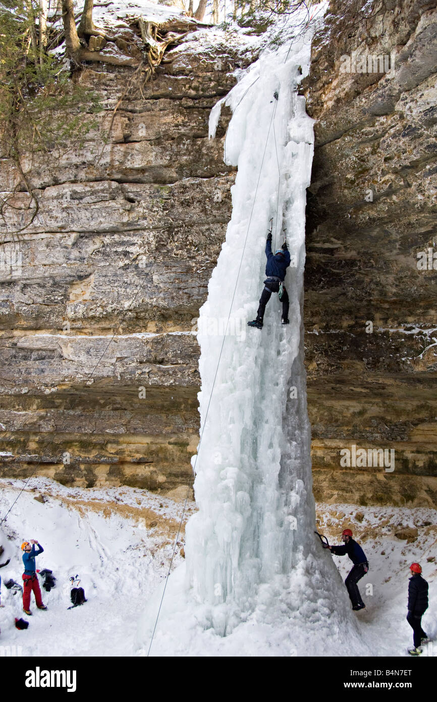 Ice climbing during Michigan Ice Fest at Pictured Rocks National Lakeshore in Munising Michigan