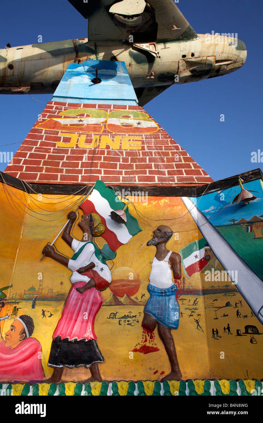 MiG fighter jet and mural depicting the Somali civil war and Somaliland's struggle for independence, Hargeisa, Somaliland Stock Photo