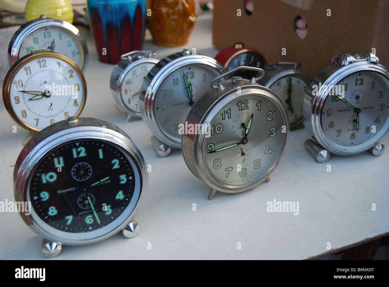 mixed collection of alarm clocks at Lille Braderie France Stock Photo