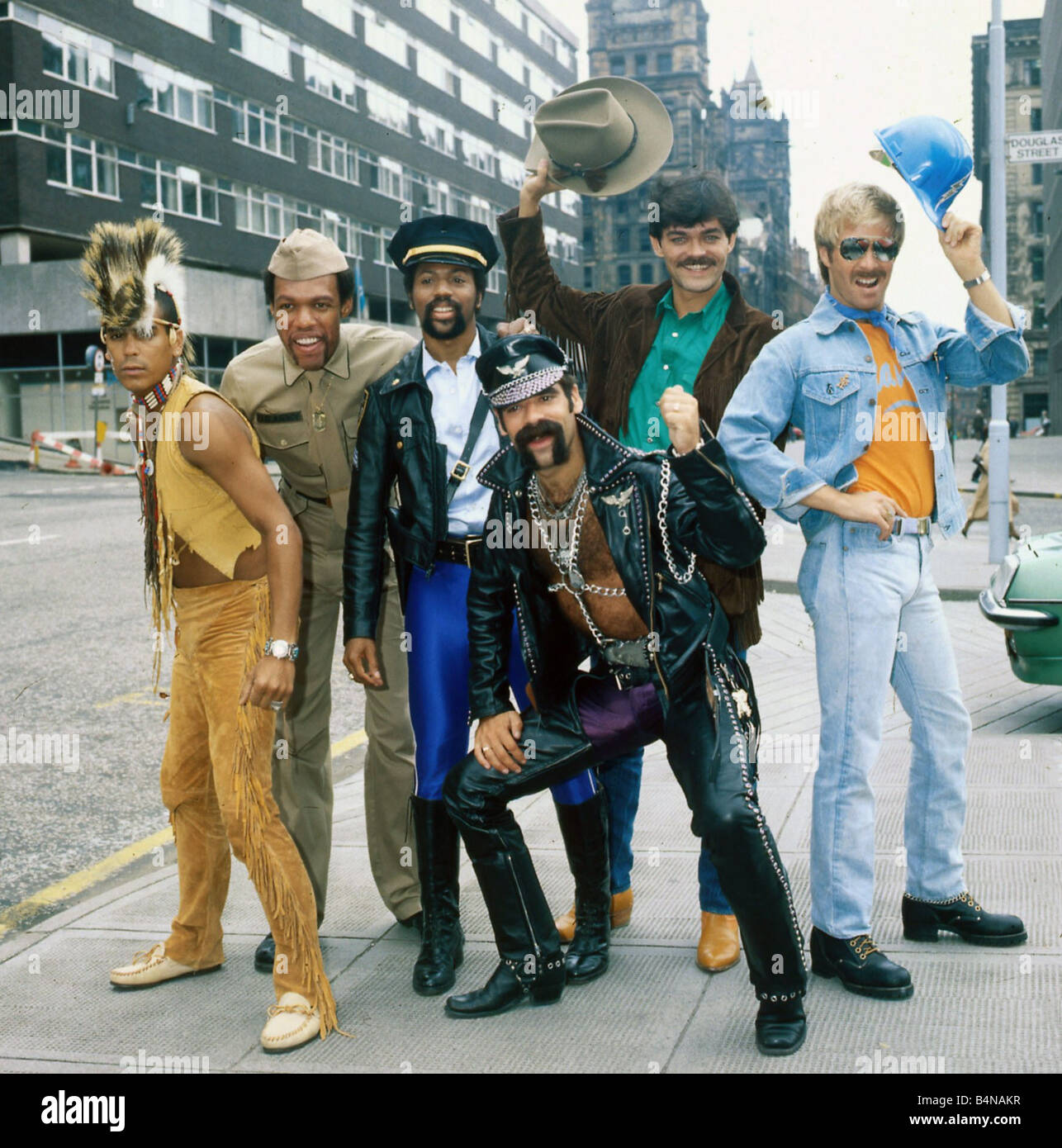 The Village People in Glasgow street 1984 Stock Photo