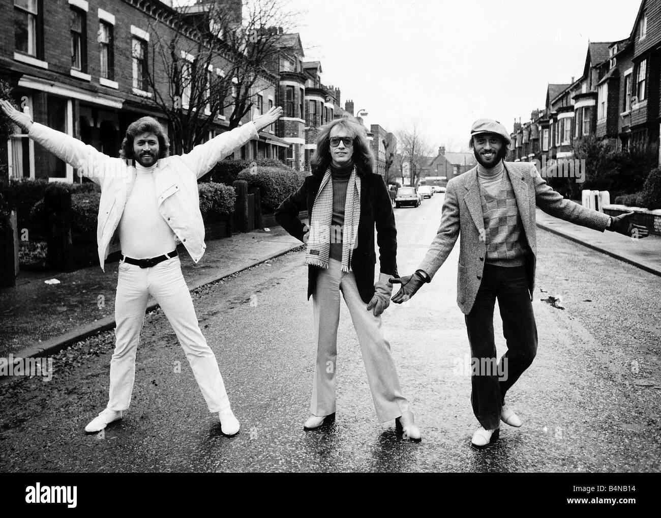 The Bee Gees pop group 1981 Barry Gibb Maurice Gibb Robin Gibb standing in street Stock Photo