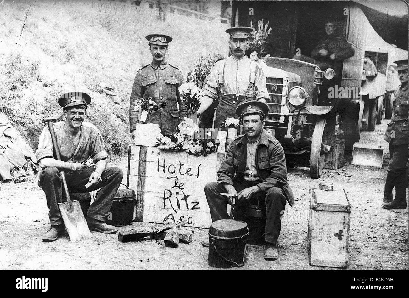 British Soldiers in France during World War One show off their humour with poster stating Hotel De Ritz Circa 1916 Stock Photo