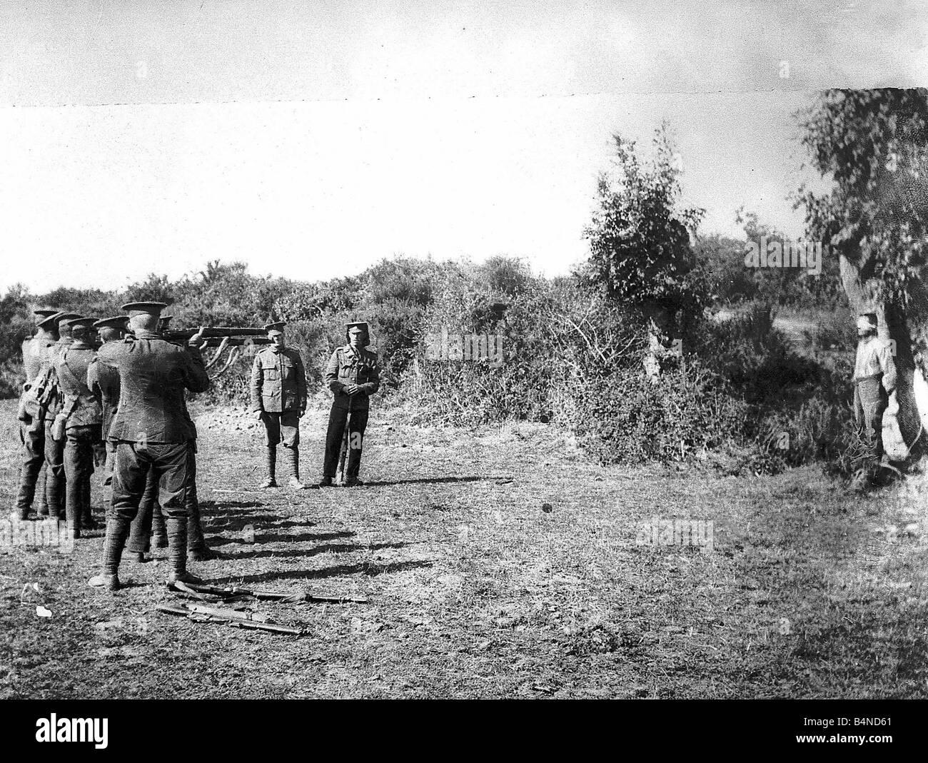 A spy is shot dead by British Soldiers during World War One by Firing Squad Circa 1916 Stock Photo