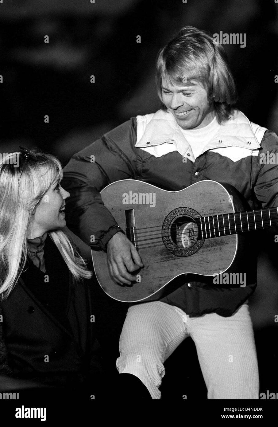 ABBA February 1979 Abba the 1970s Swedish pop group consisting of Benny Frida Bjorn and Anna who won in the 1974 Eurovision song contest with the song Waterloo Bjorn and Anna in Switzerland recording a video Stock Photo