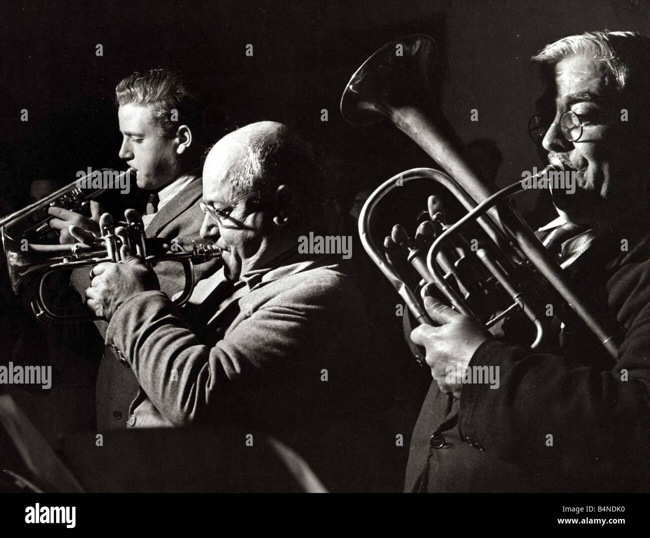 musicians brass instruments trumpet tuba brass band circa 1950 Stock