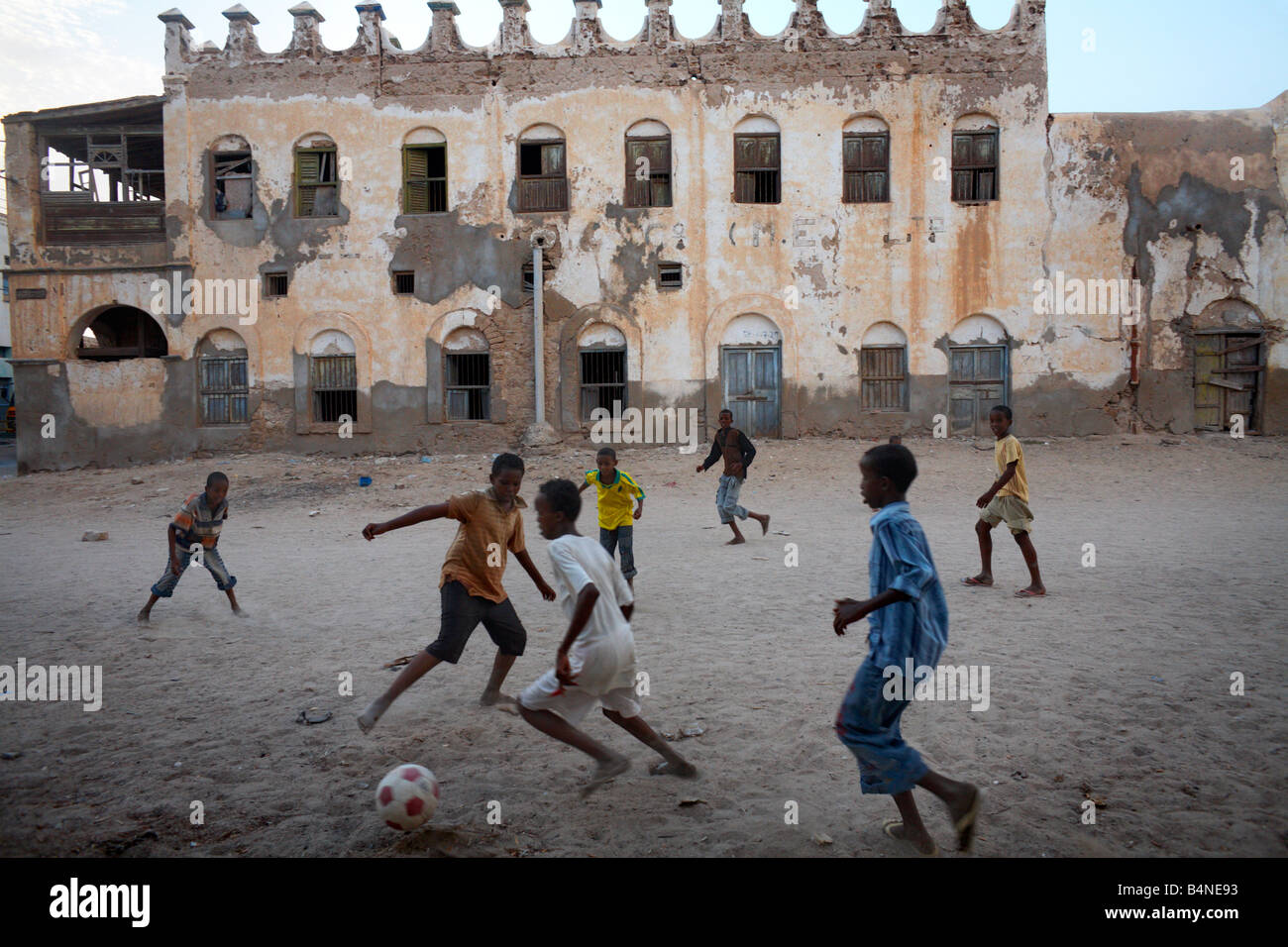 Kids playing football in Berbera, Somaliland, Somalia Stock Photo