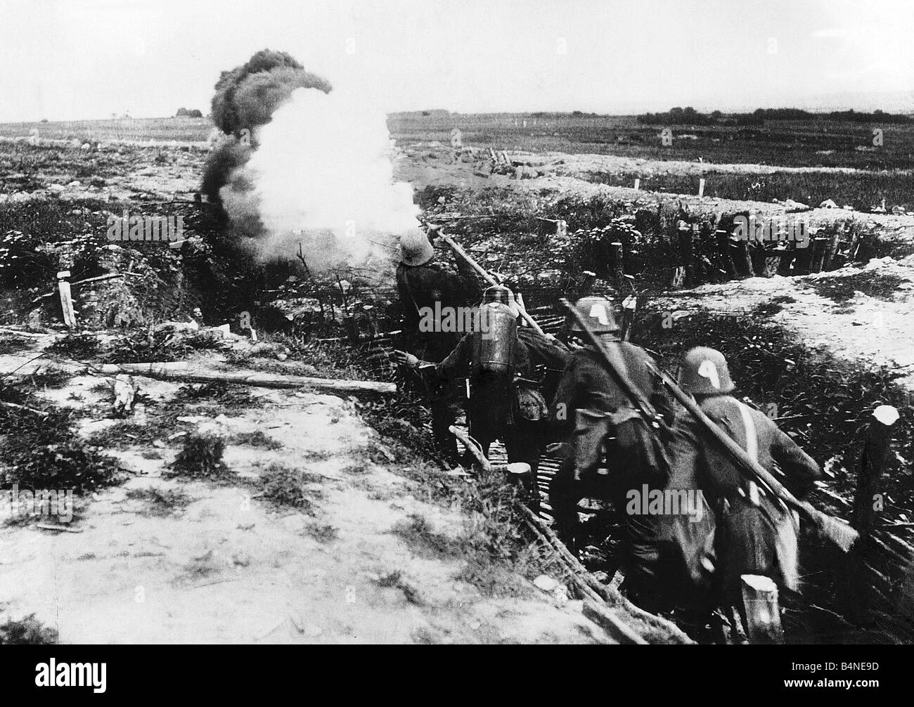 World War One German troops in a trench attack the Allied forces with a flamethrower 1917 Stock Photo