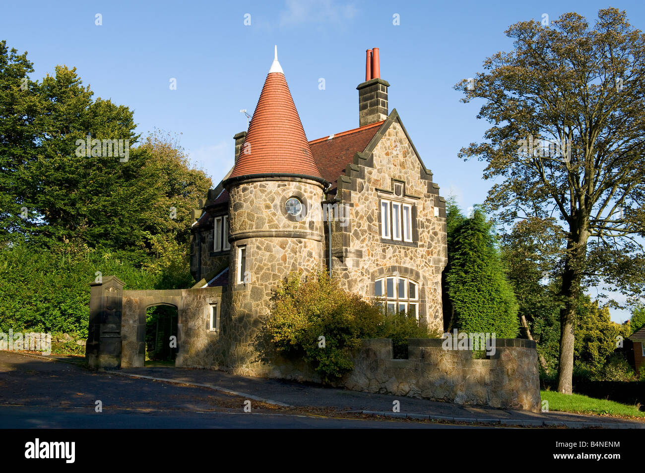 Detached stone towered house in Sheffield Stock Photo