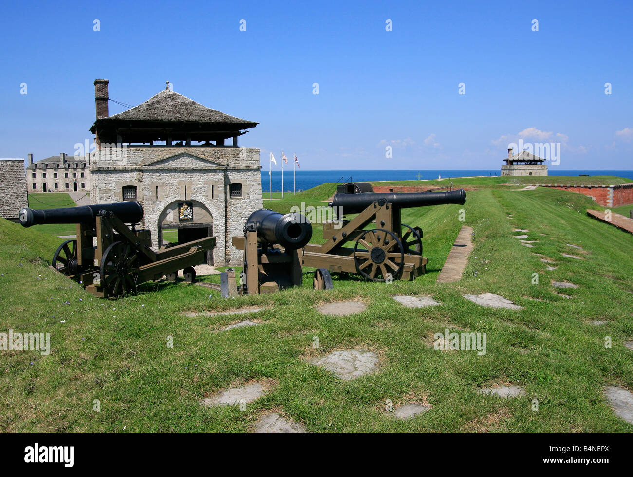 Guns of Old Fort Niagara water blue sky landscape outside horizon scenic horizontal hi-res Stock Photo