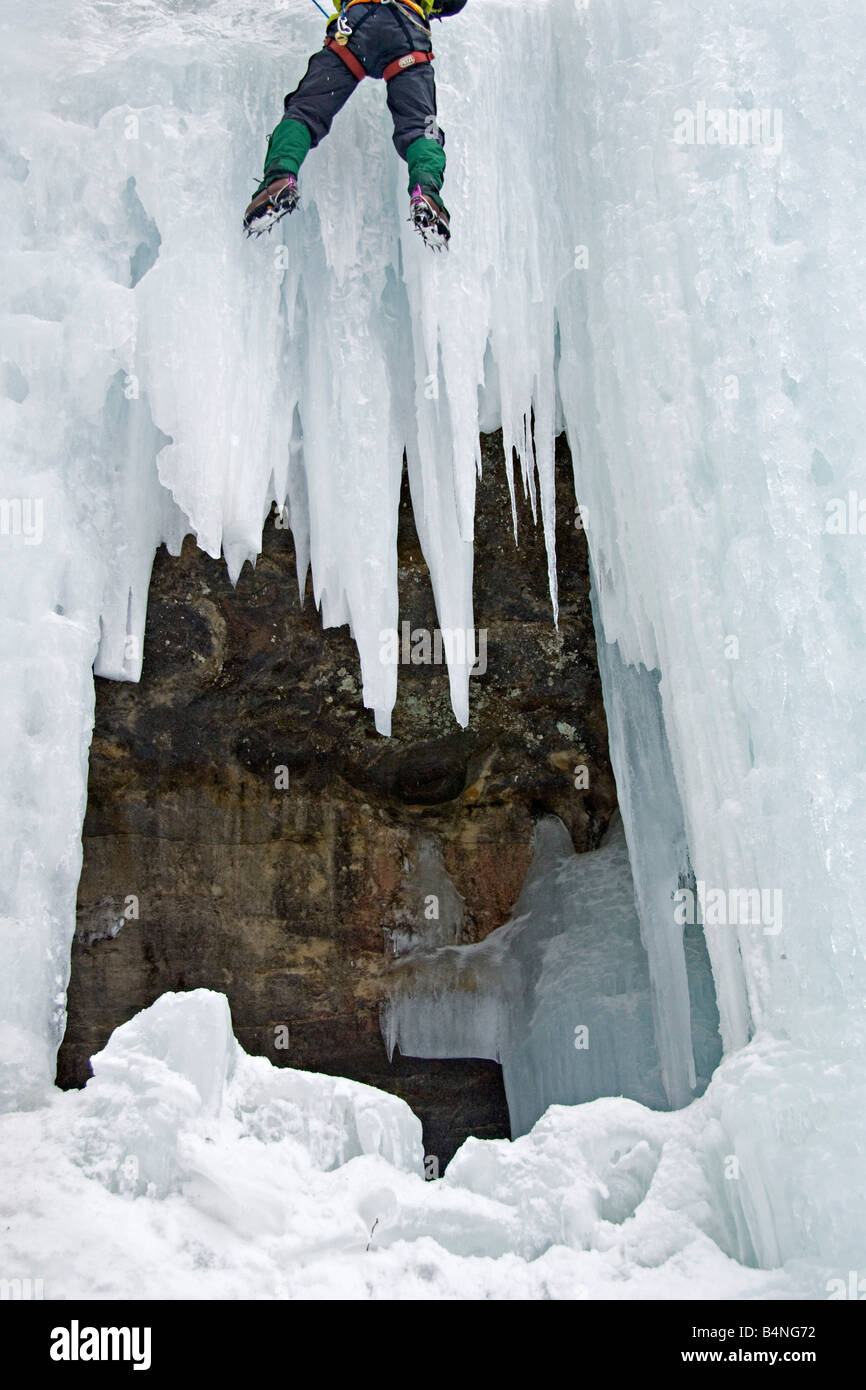Ice climbing during Michigan Ice Fest at Pictured Rocks National Lakeshore in Munising Michigan