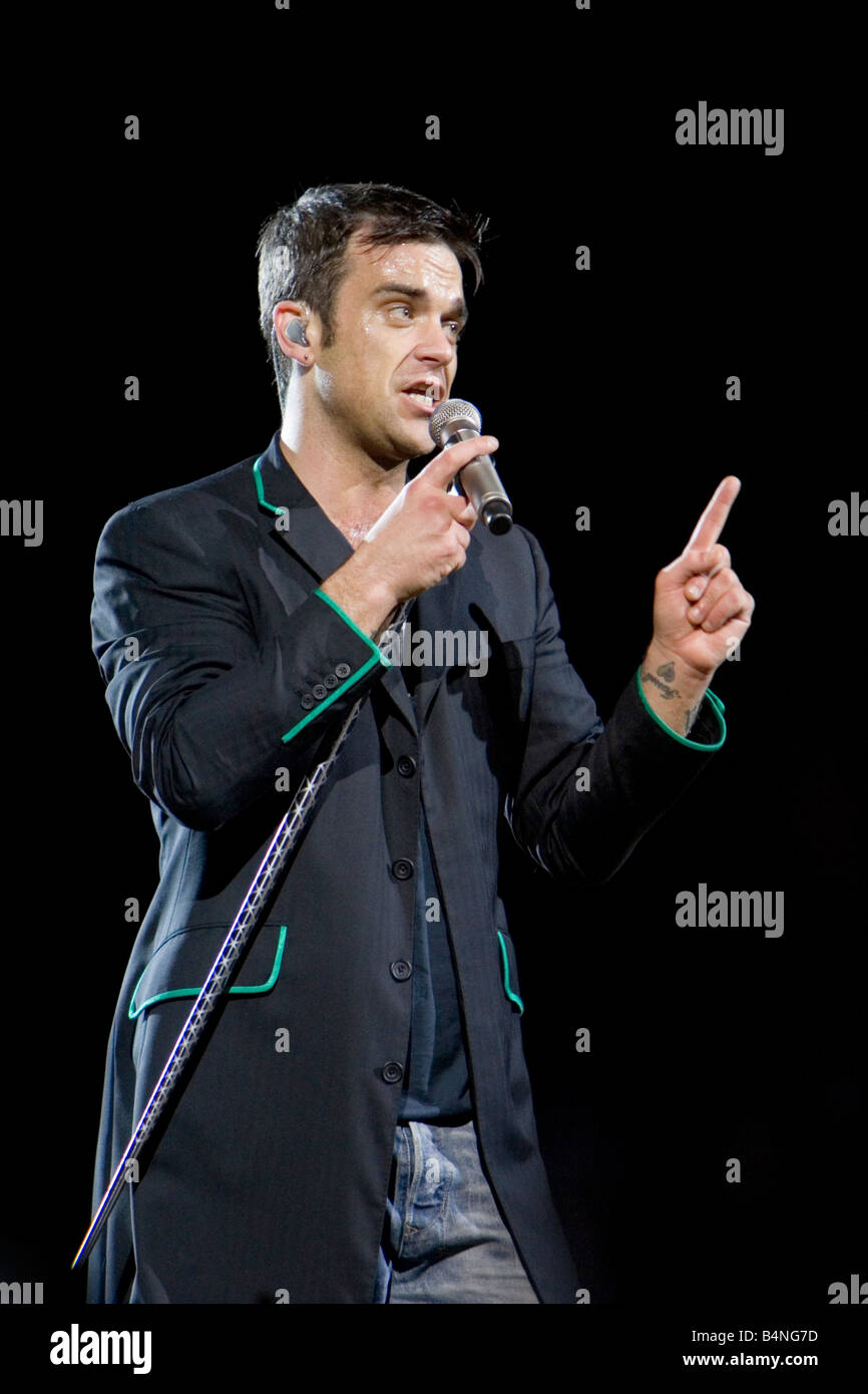 Robbie Williams performing live at the Aussie Stadium, Sydney, Australia Stock Photo