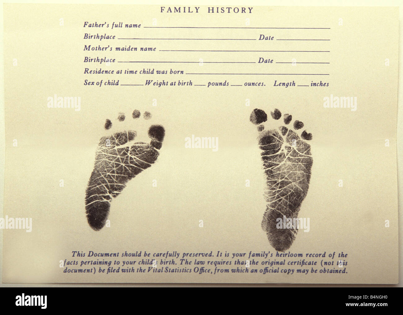 baby foot prints history record Stock Photo