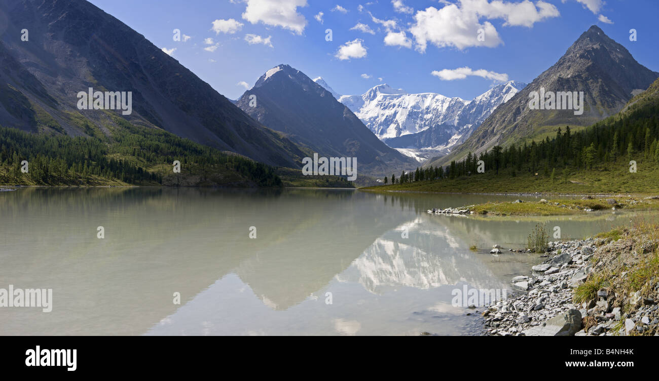 Akkem (Ak-Kem) lake and panoramic view on mt. Belukha, Altai, Russia Stock Photo