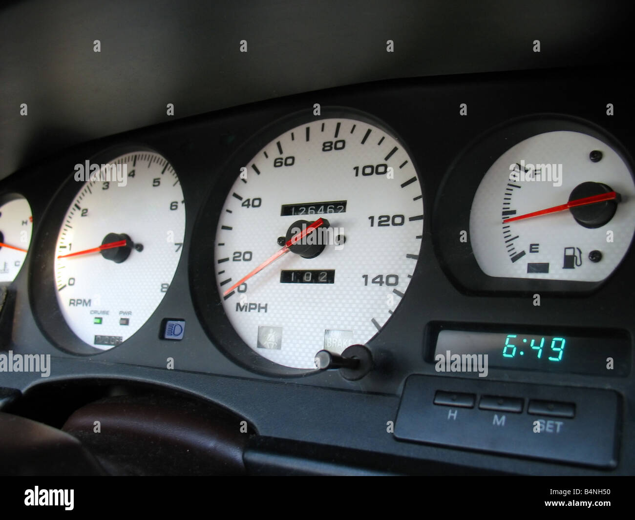 A custom gauge cluster found in the interior of a sports car The dials