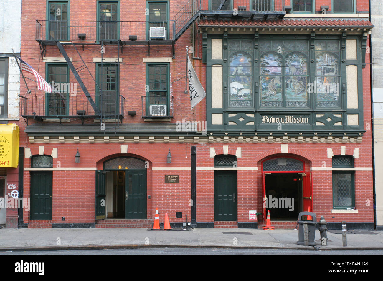 The Bowery Mission, 227 Bowery, New York, NY. exterior storefront of a homeless services organization in Manhattan. Stock Photo