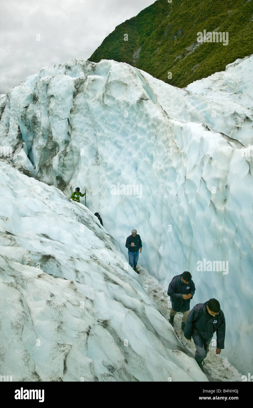 People walking along a crevasse in Fox Glacier, South Island, New Zealand Stock Photo
