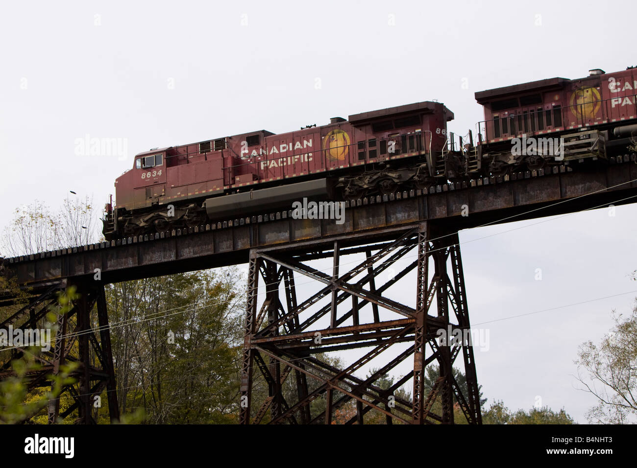 A Canadian Pacific freight train crossing a bridge in central New York