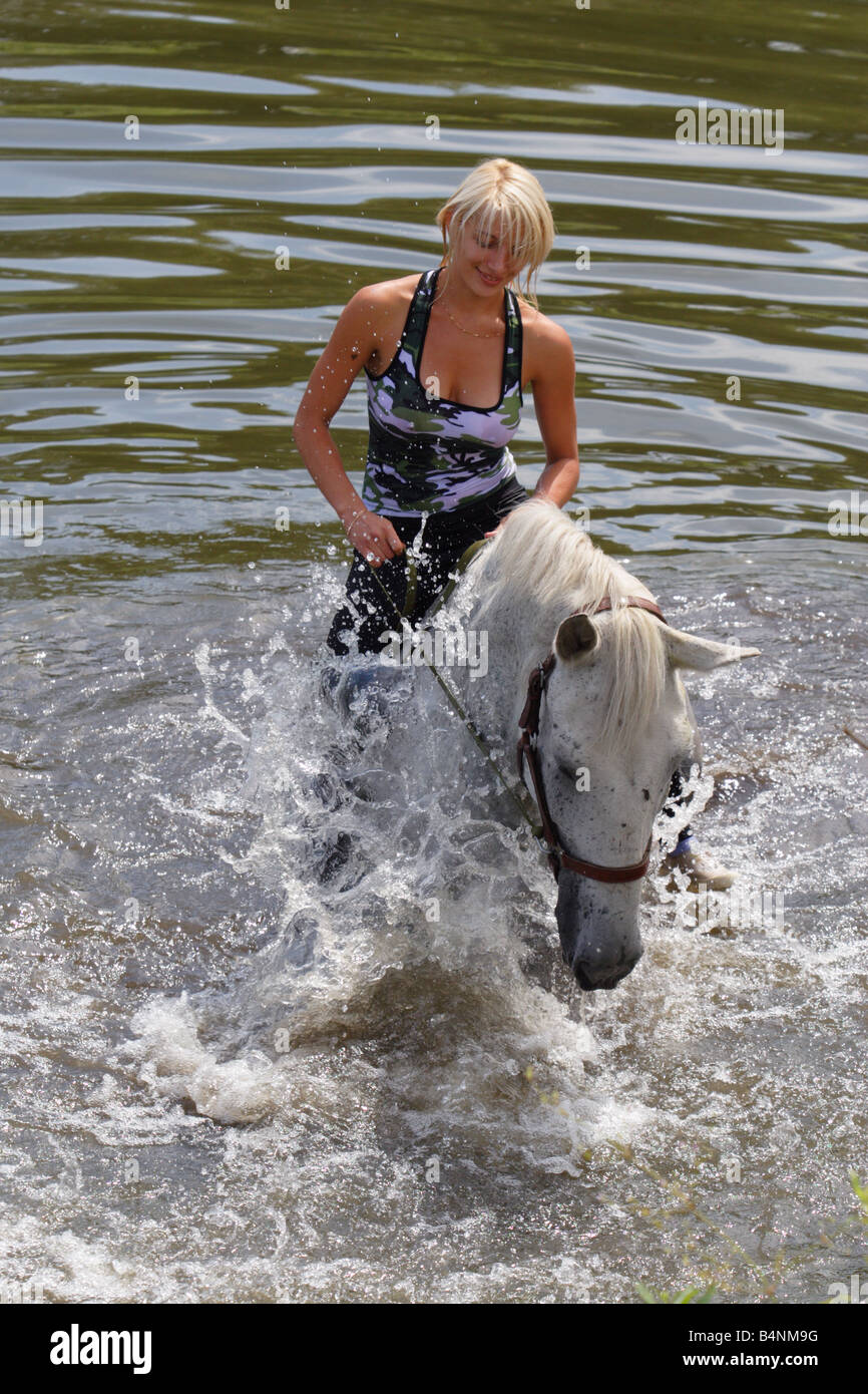Equestrian riding through water, Stock Photo