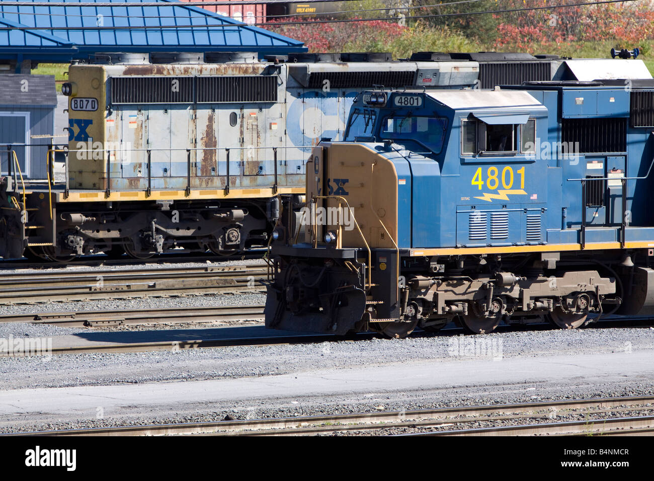 CSX railroad locomotives parked at the Selkirk NY locomotive facility. Stock Photo