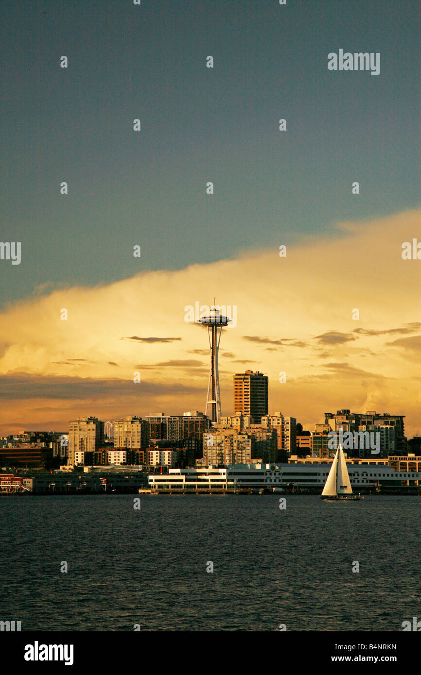 Sunset over the Space Needle from Puget Sound ferry, Seattle ...