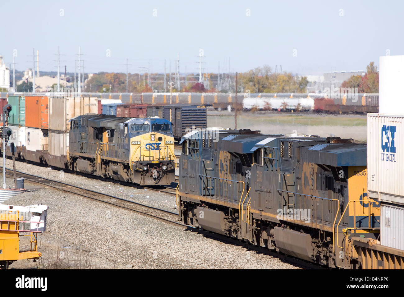 Two CSX freight trains meet in CSX's Selkirk NY yard. Stock Photo