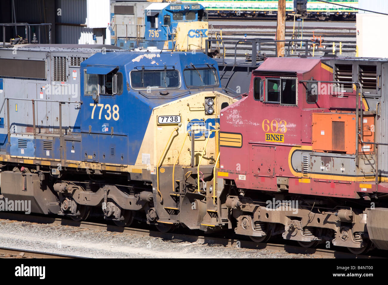 CSX and BNSF General Electric locomotives parked at the CSX Selkirk Yard in Selkirk NY. Stock Photo