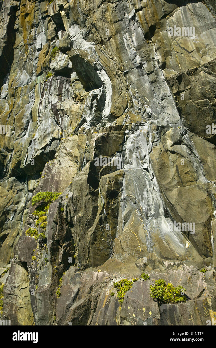 Close up of the rock cliff on the south back of Milford Sound Stock Photo