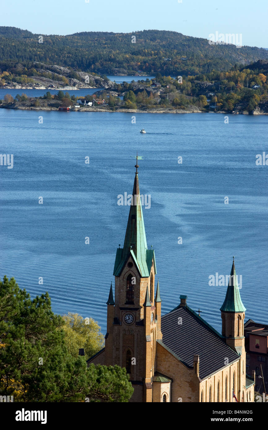 View of the town of Kragero and Church in the Telemark region of Norway Stock Photo