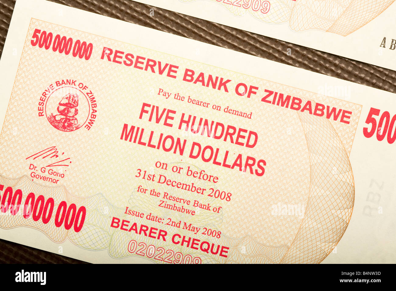 Five Hundred Million Zimbabwean Dollar banknote Stock Photo