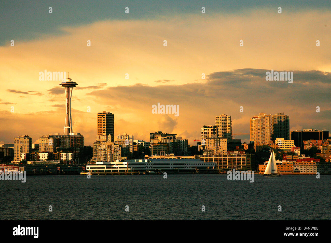 Sunset over the Space Needle from Puget Sound ferry, Seattle ...