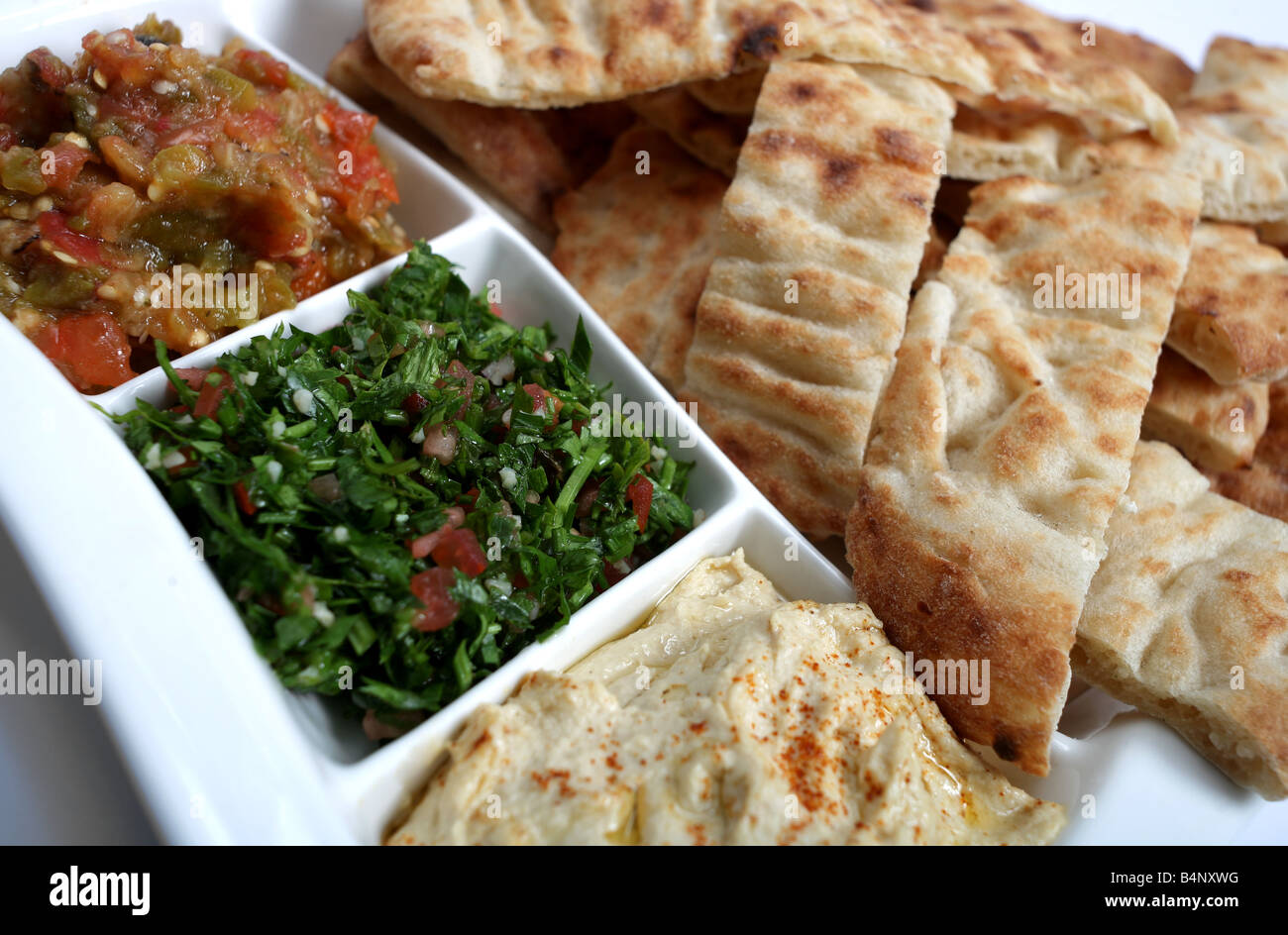 Three Middle Eastern dips in a mezze bowl with Turkish flat bread Stock