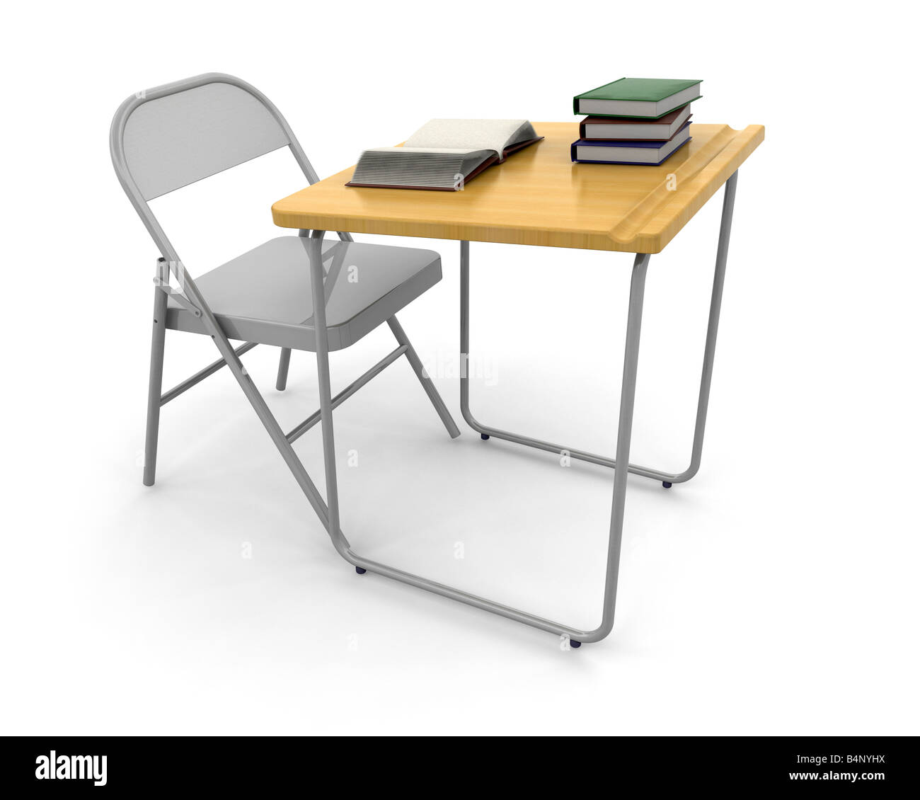 3D render of a desk and chair with a stack of books Stock Photo
