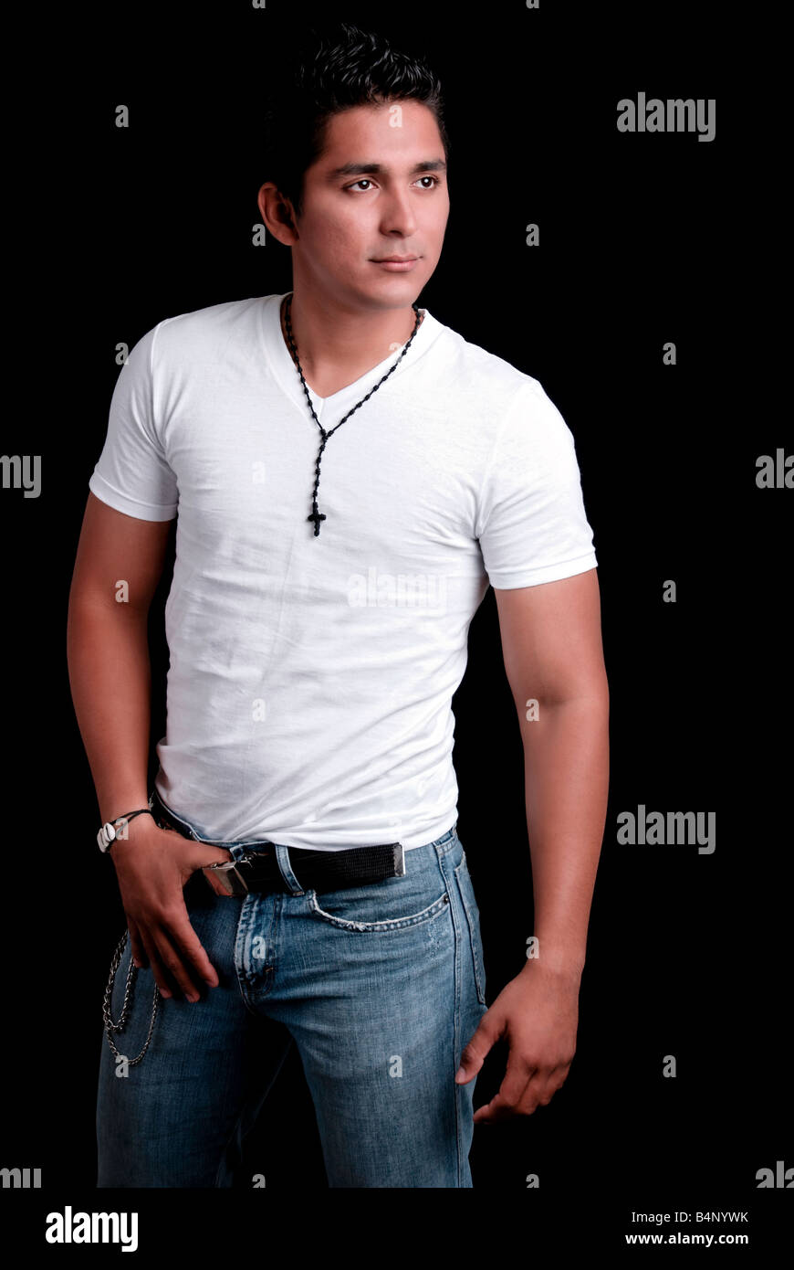 Black shirt and blue jeans High 
